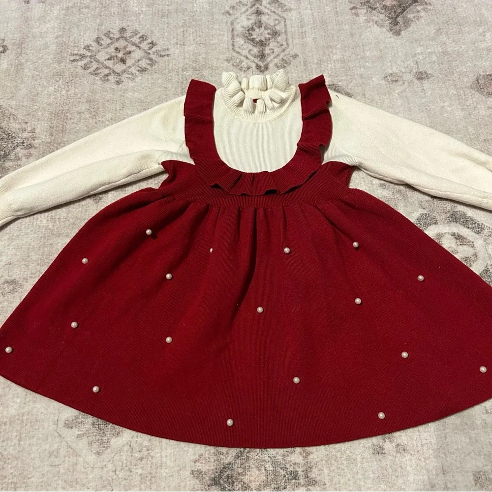 Kids Size 6Y Adorable Red + Cream Dress and Pearl Accents Christmas Holiday